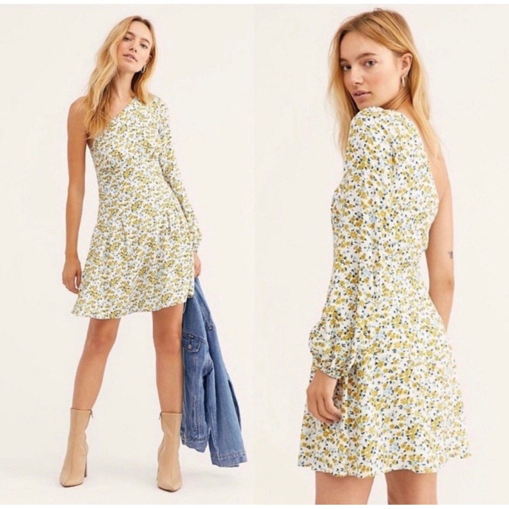 Free People Ivory Combo Floral One Shoulder Mini‎ Dress OB1042150 Size 6 NEW